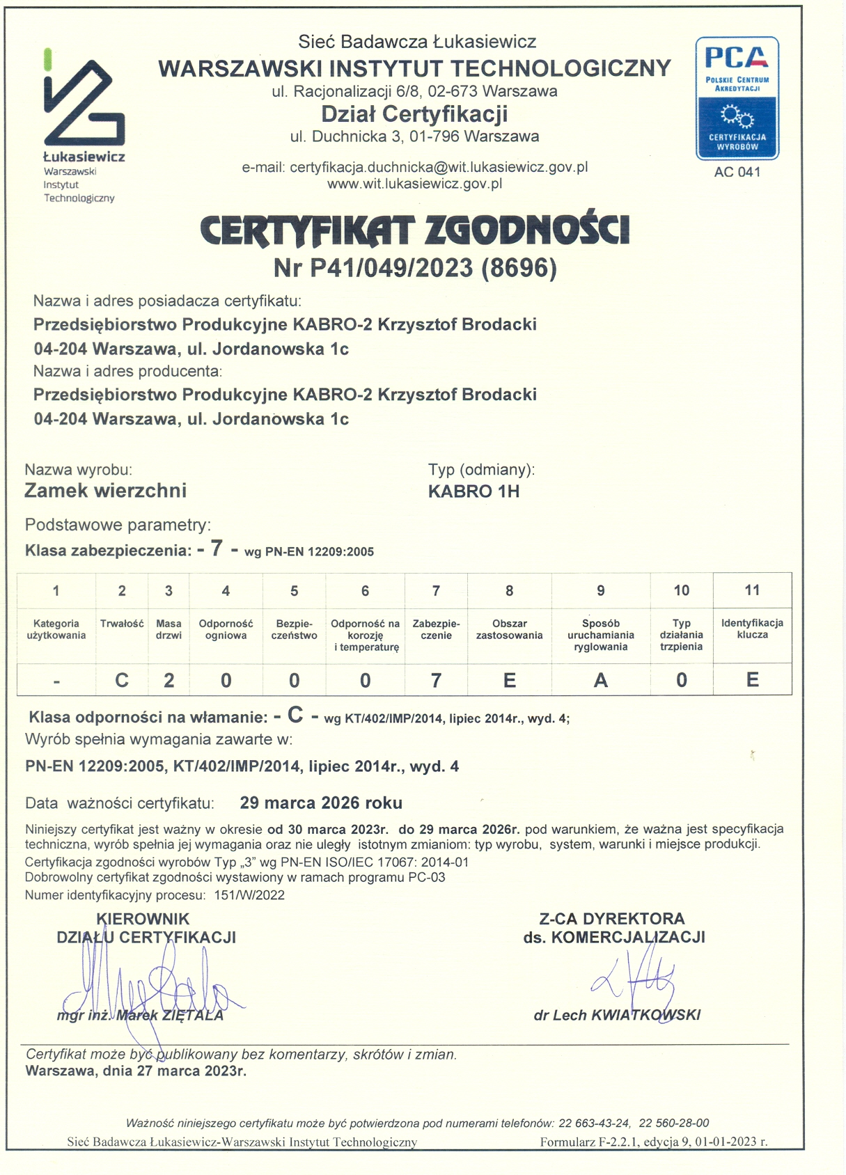 Certyfikat dla zamka KABRO 1H