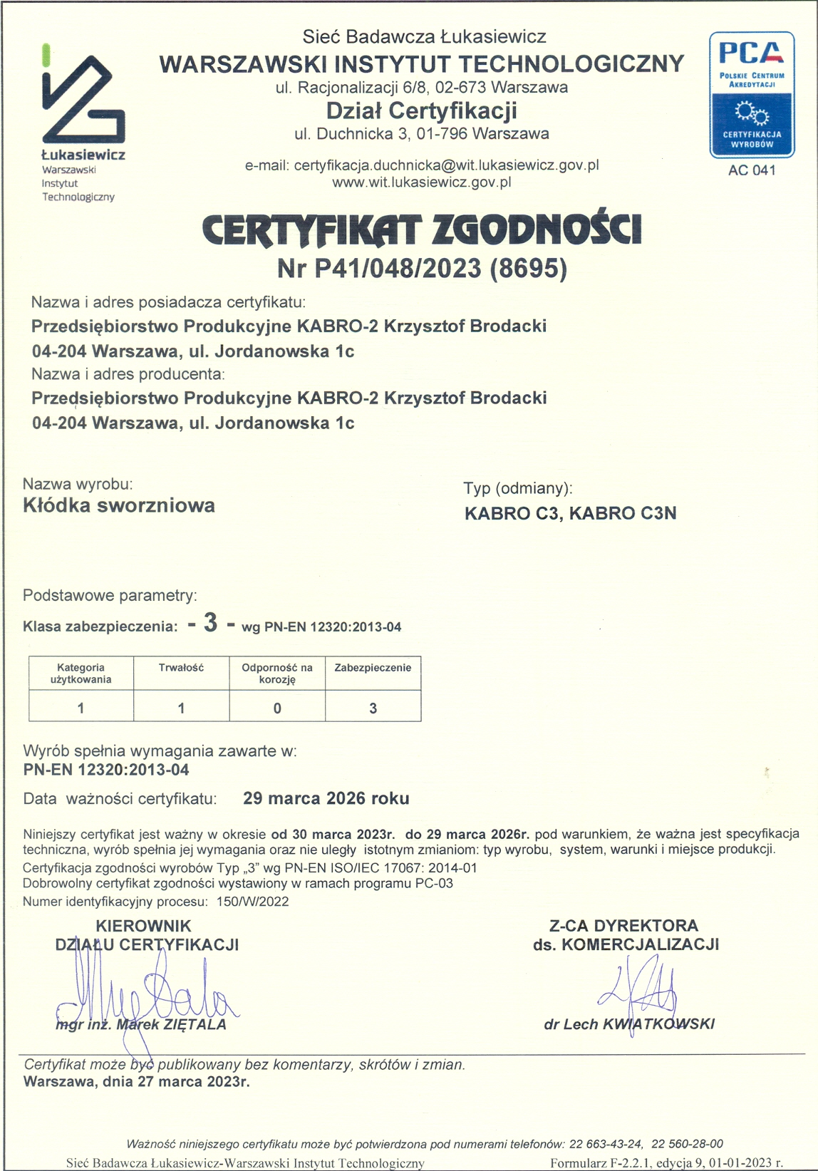 Certyfikat klasy 3. dla kłódki KABRO C3